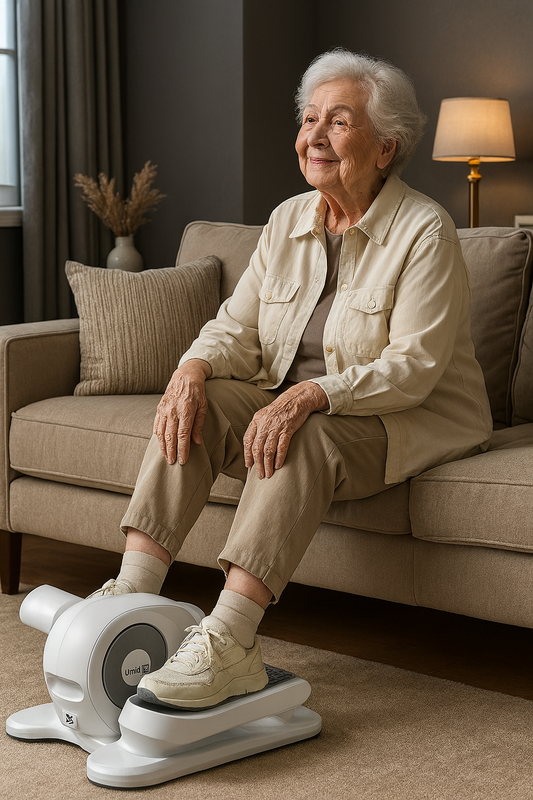 senior woman using mini elliptical trainer at home on sofa