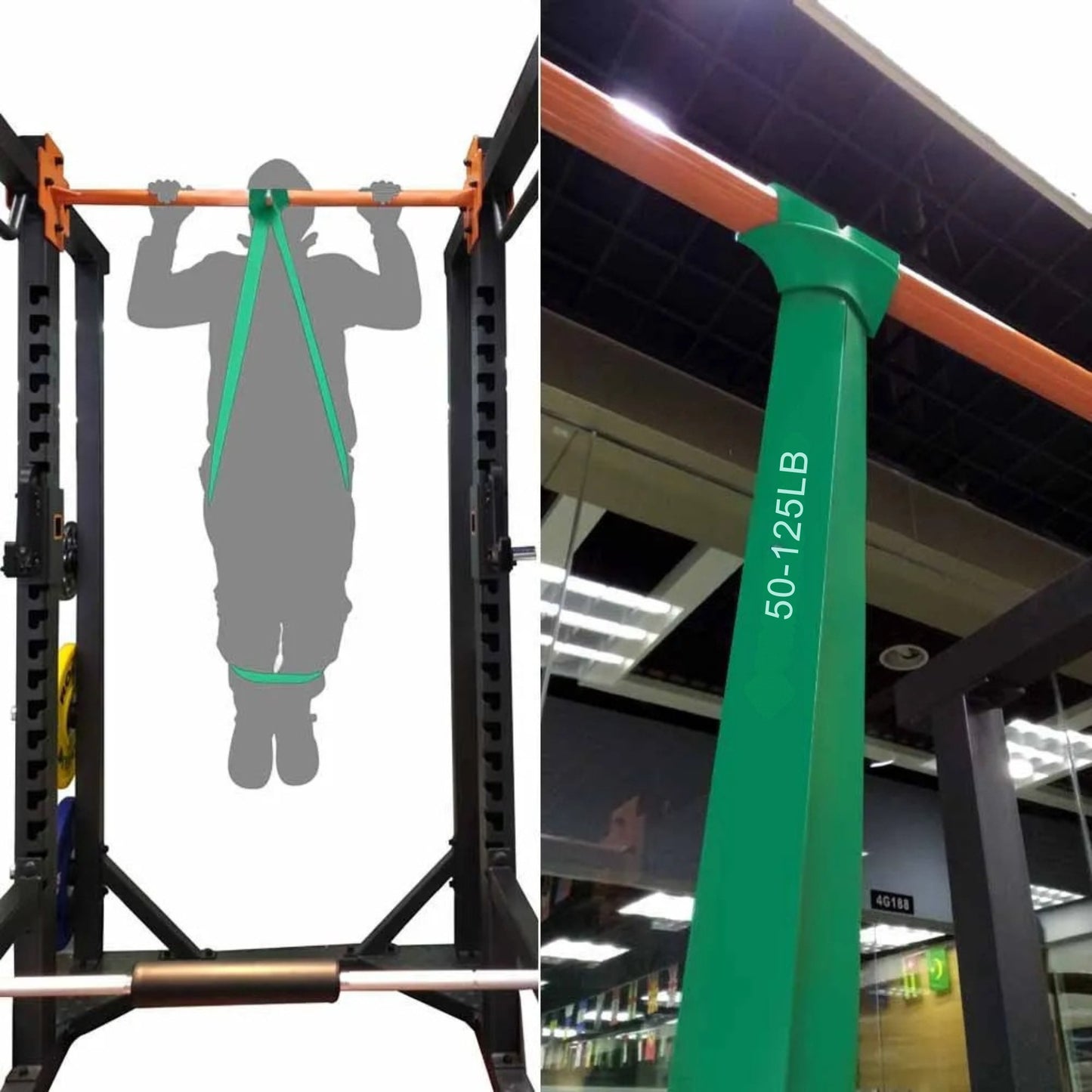 Gym equipment with a pull-up bar and resistance bands, set against a gym interior.
