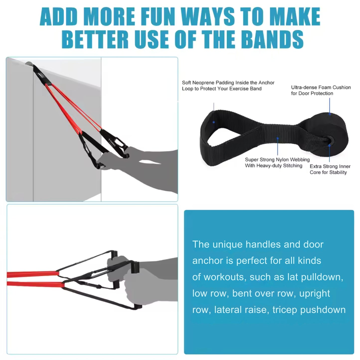 Product advertisement for resistance bands with features and uses highlighted.
