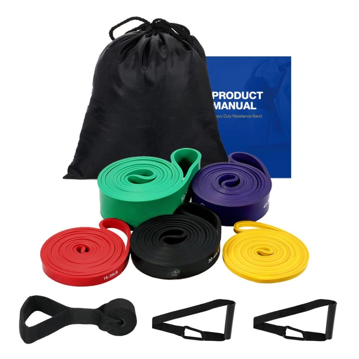 Set of resistance bands in various colors with a black drawstring bag and product manual on a white background.