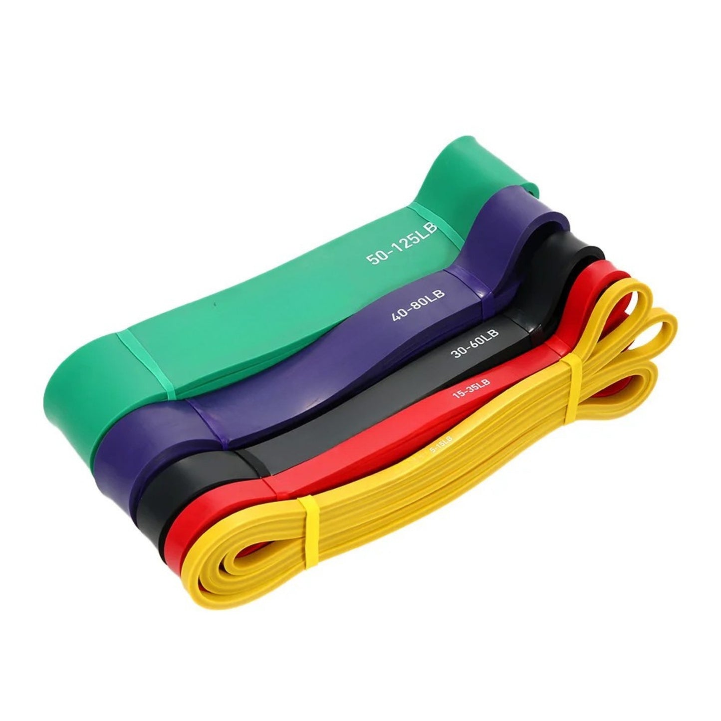 Set of resistance bands in green, purple, black, red, and yellow on a white background