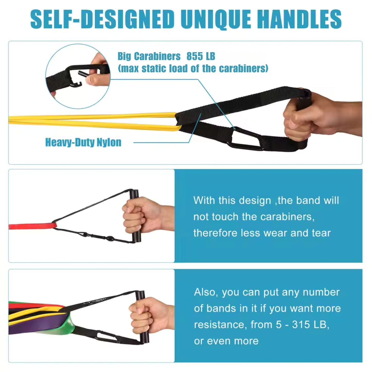 Resistance band with self-designed unique handles and carabiners, showing usage and features.