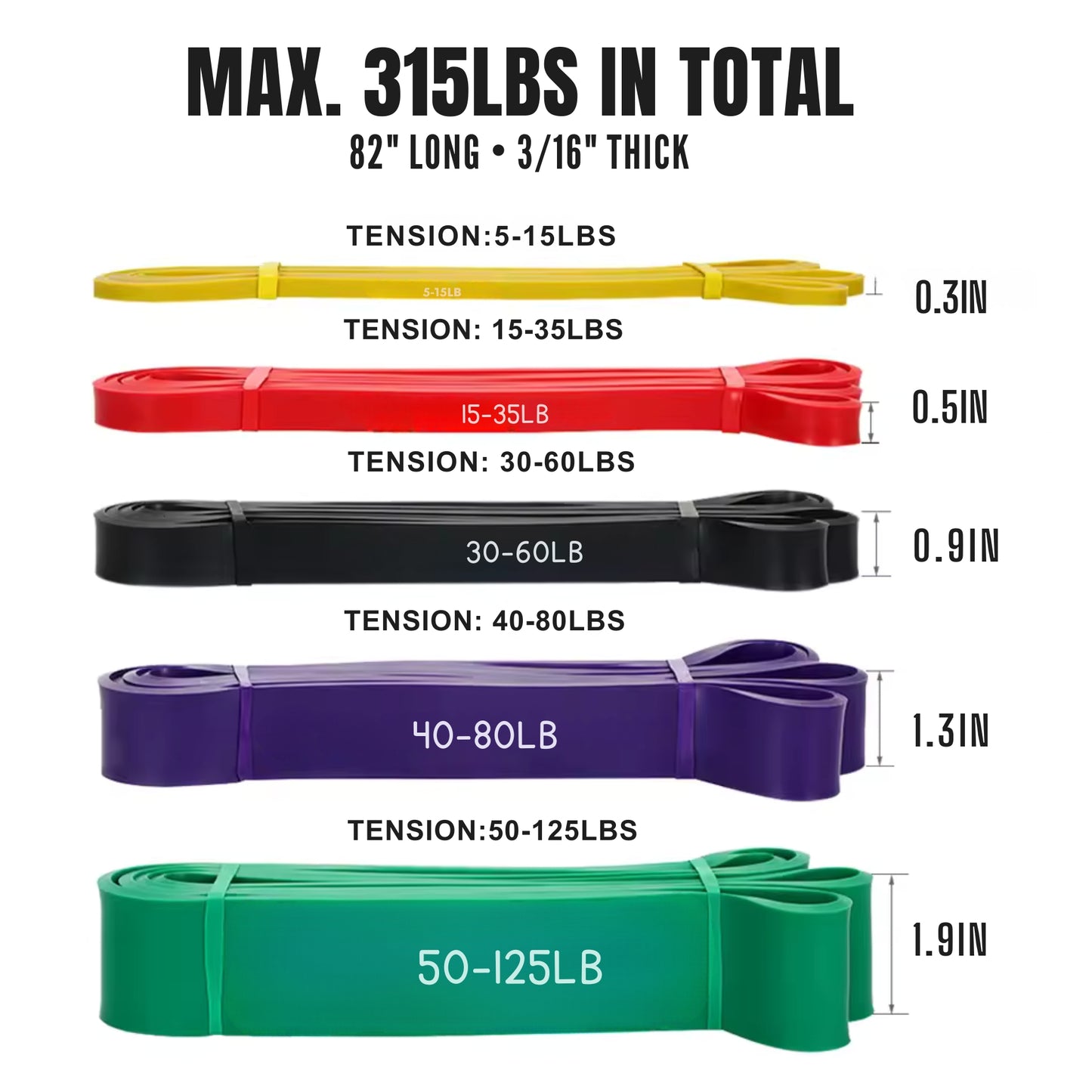 Resistance bands with color-coded tension ratings and dimensions on a white background