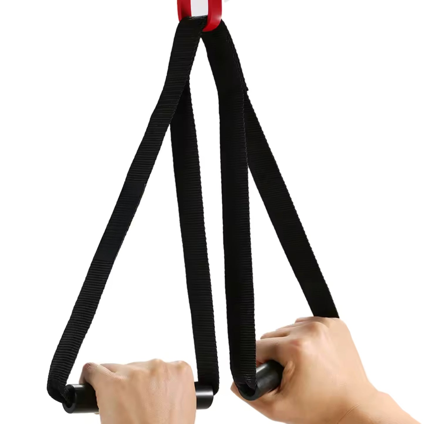 Black resistance band with handles held by two hands on a white background