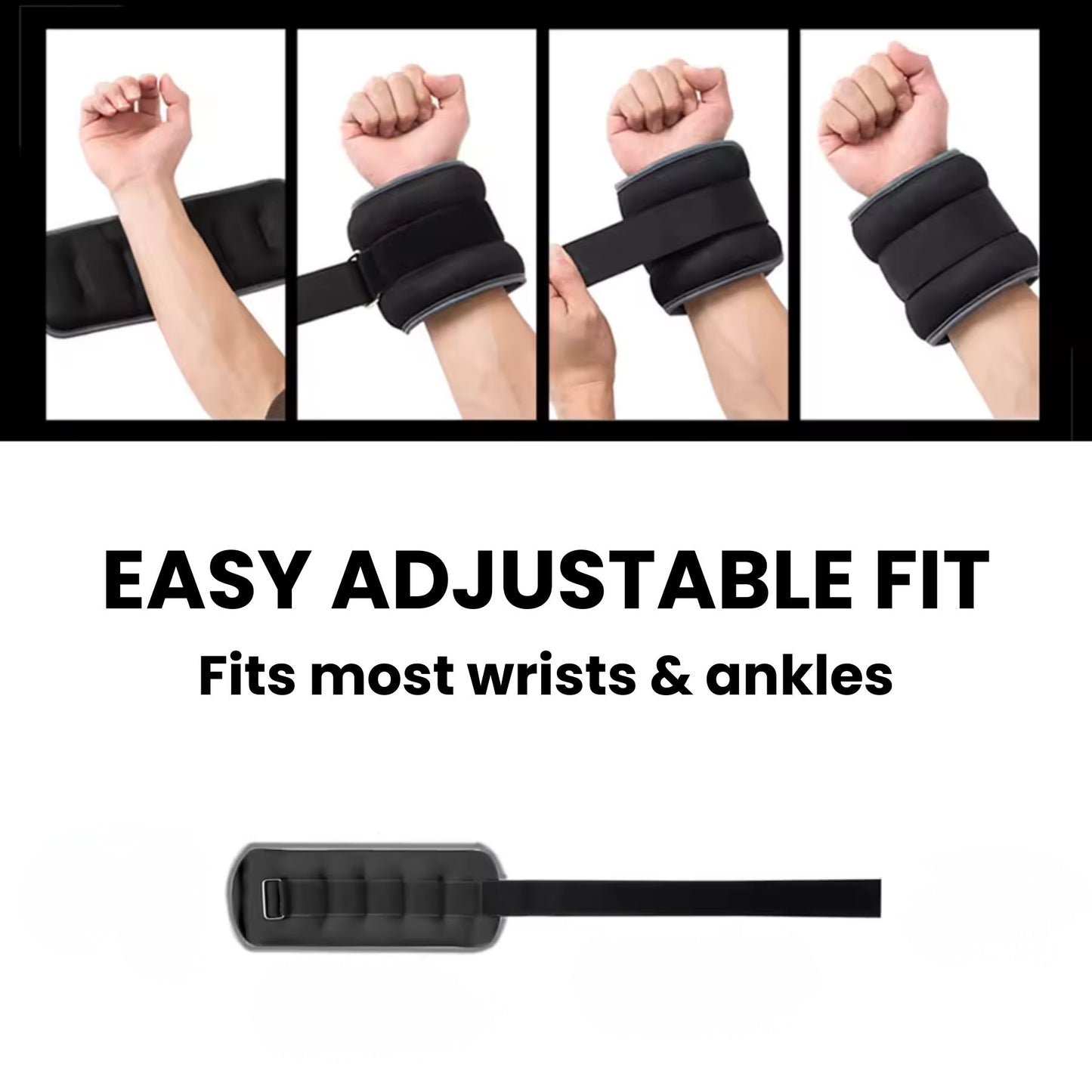 Step by step showing adjustable strap fit on wrist and ankle weights designed to fit most sizes comfortably and securely