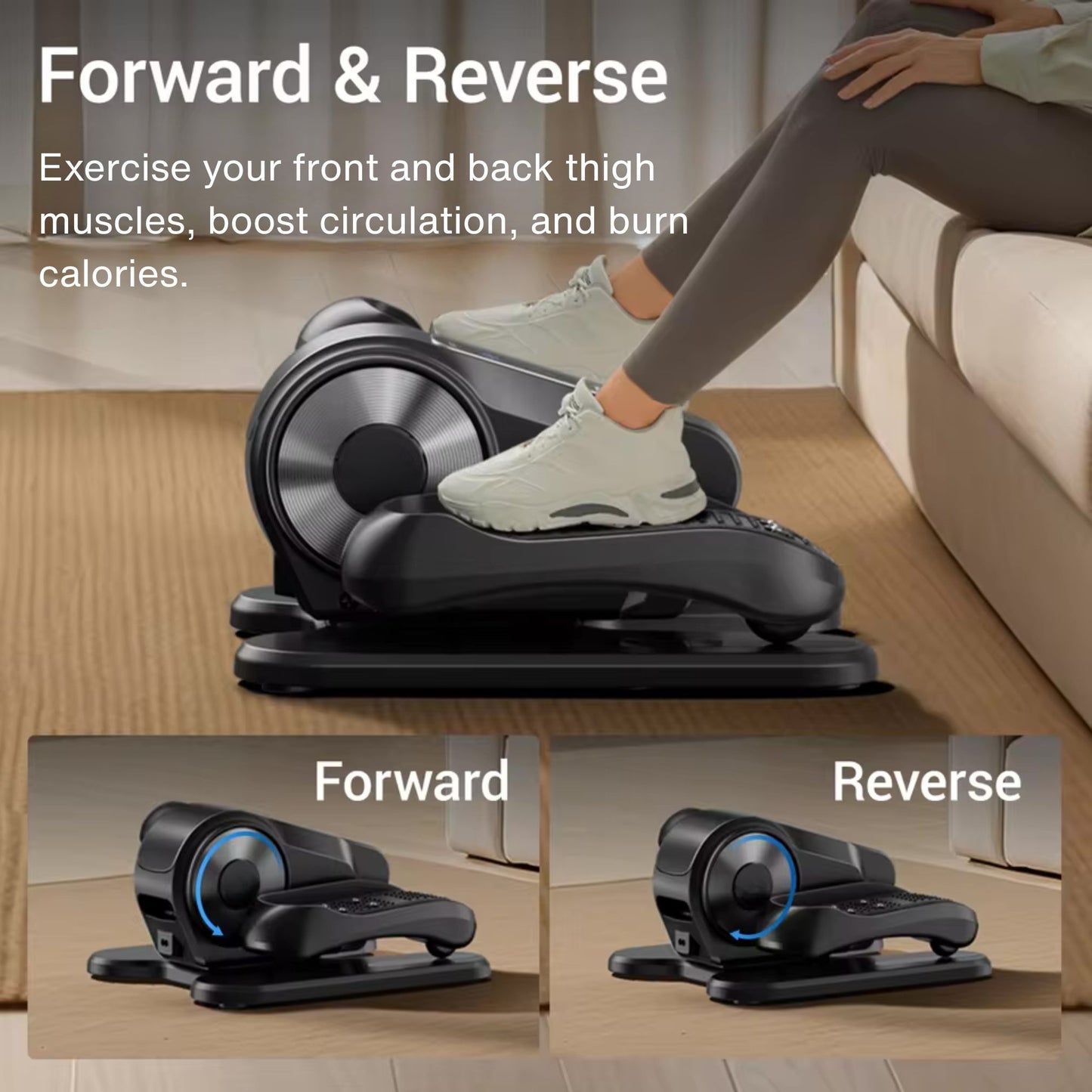 Exercise machine with text about exercise benefits on a wooden floor.