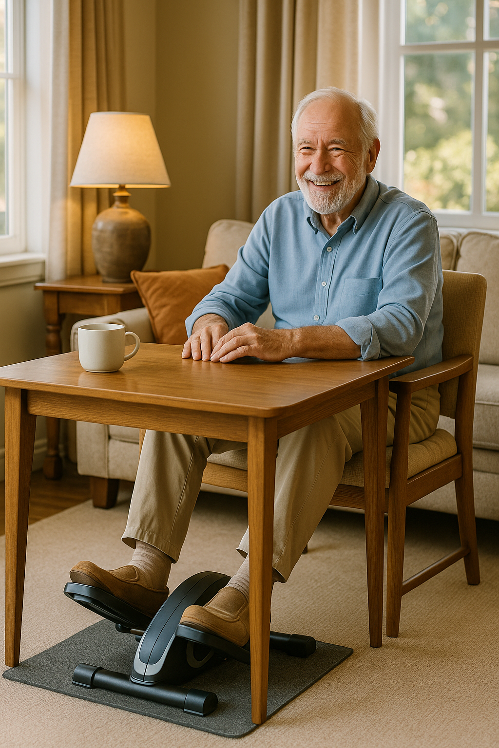 senior man using mini elliptical trainer at home living room