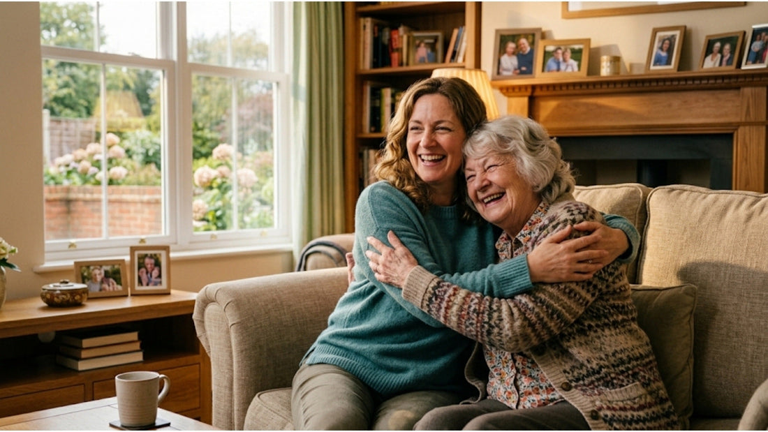 A happy adult daughter warmly hugging her elderly mother for her birthday celebration in a bright, cozy American living room.