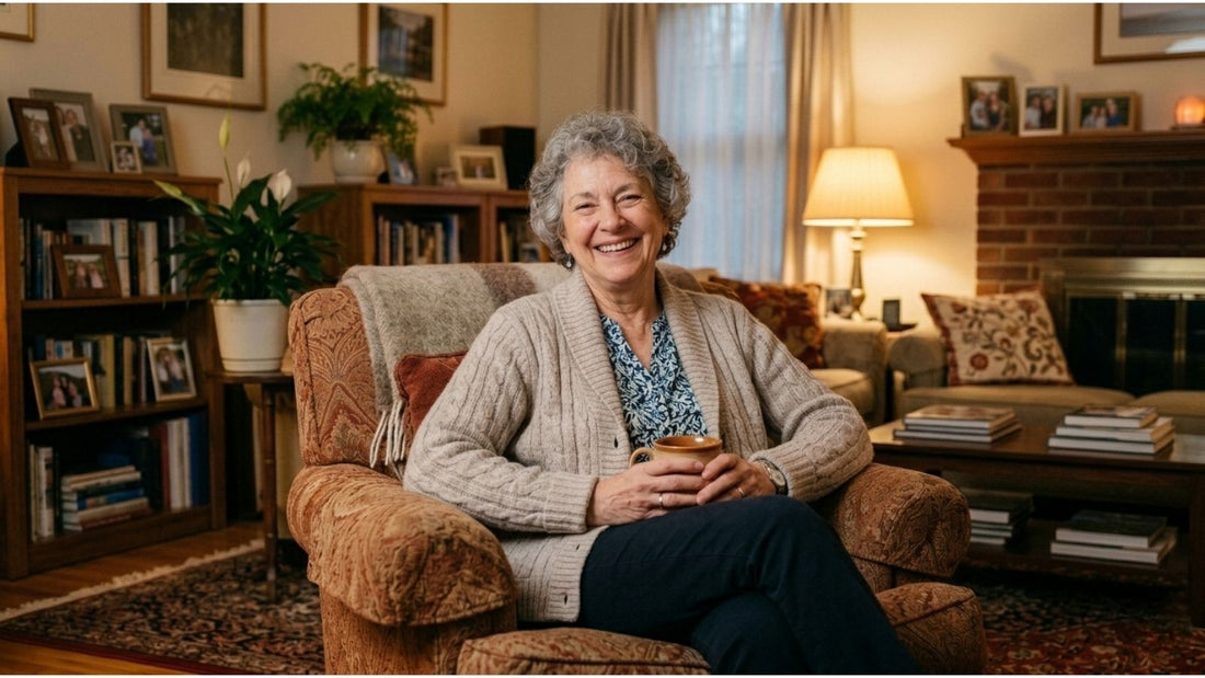 A smiling senior woman sitting in a cozy armchair holding a coffee mug in a warm, traditional American living room.