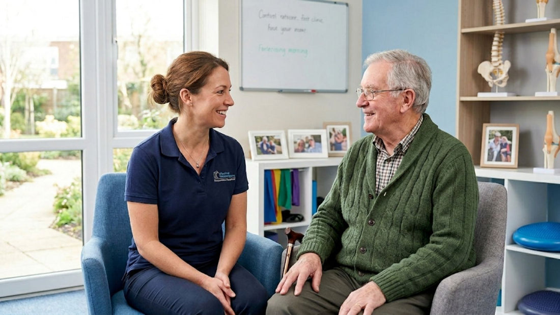 A professional female physical therapist smiling and talking with a senior male patient in a bright clinic during a rehabilitation session.