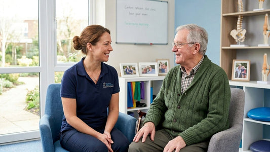 A professional female physical therapist smiling and talking with a senior male patient in a bright clinic during a rehabilitation session.