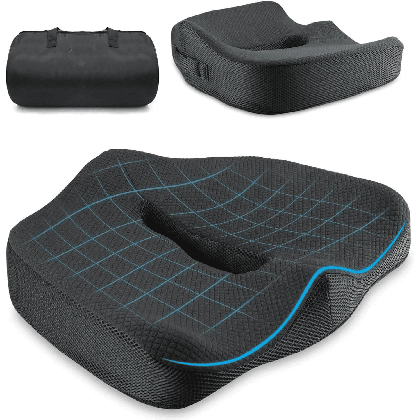 Black and blue seat cushion with a carrying case on a white background