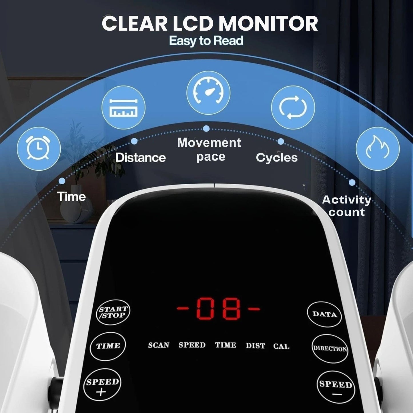 Clear and easy-to-read LCD display showing time, distance, movement pace and activity count on a seated leg movement machine