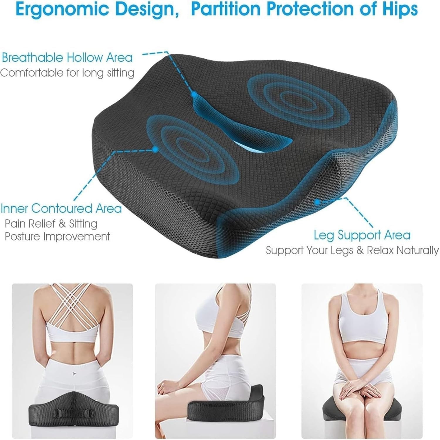 Ergonomic seat cushion with labeled features and usage scenarios on a white background