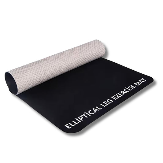 Black elliptical leg exercise mat with textured roll-up cover on a white background

