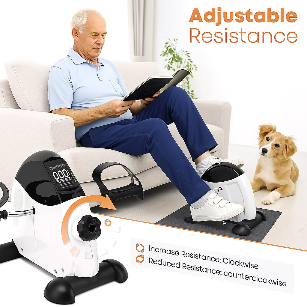 Man using a home exercise bike with a dog sitting nearby, text about adjustable resistance.