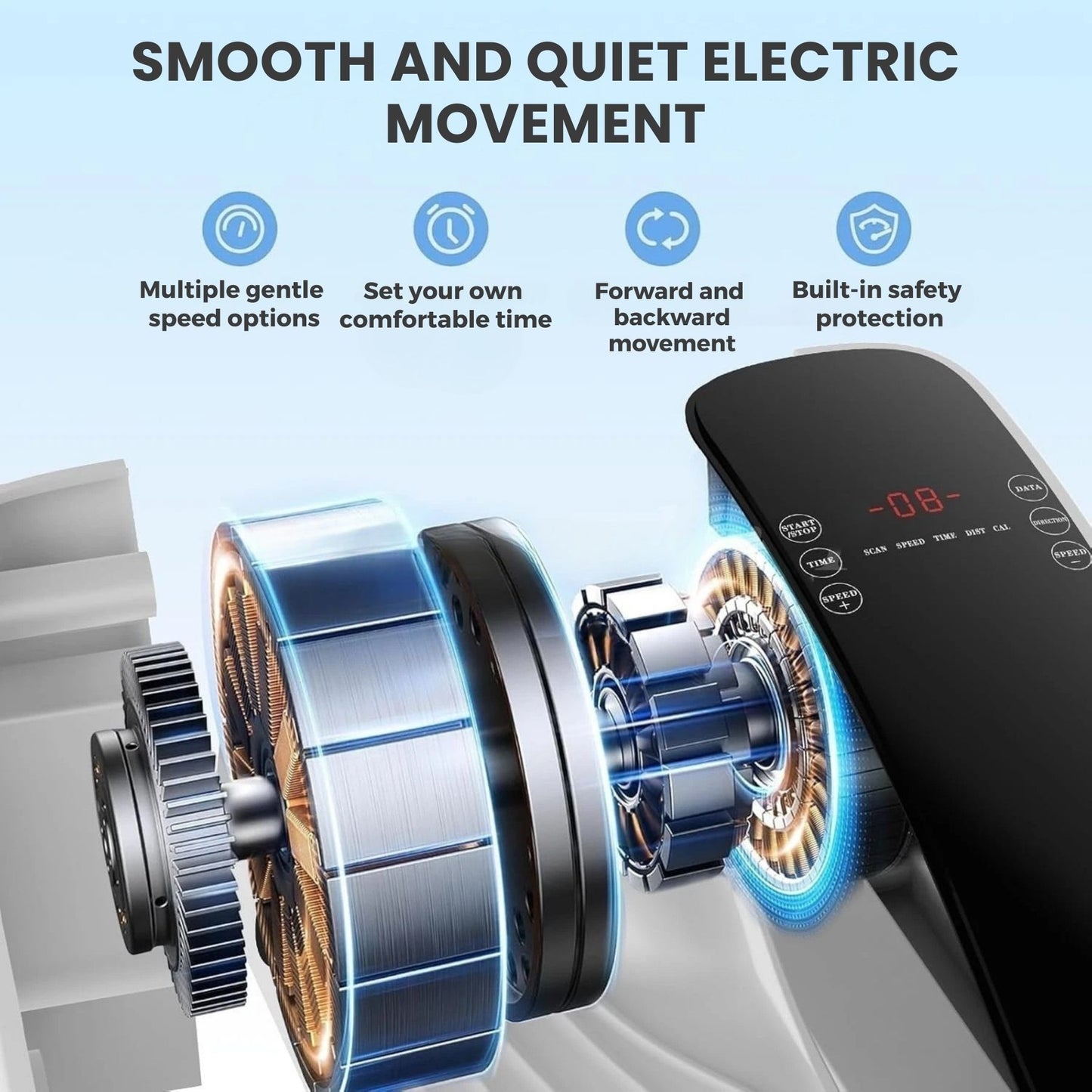 Smooth and quiet electric movement system with gentle speed options, forward and backward motion and built-in safety protection for seated leg movement