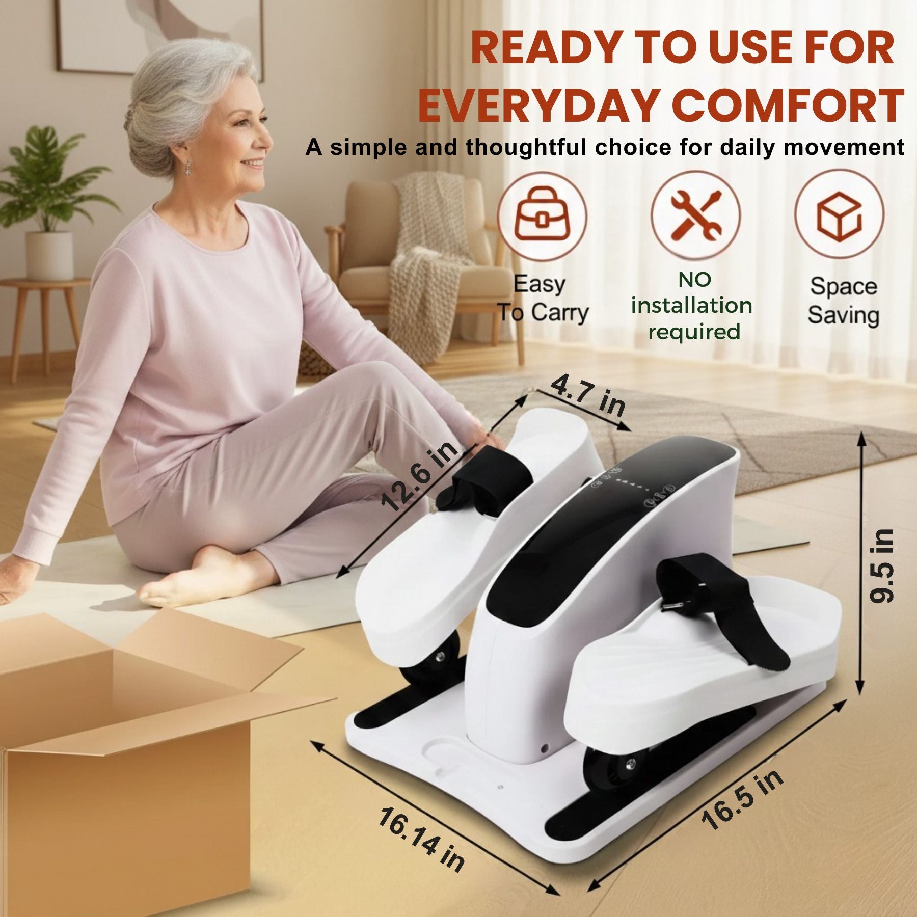 Seated leg movement machine ready to use for everyday comfort, compact size, easy to carry, no installation required and space saving design