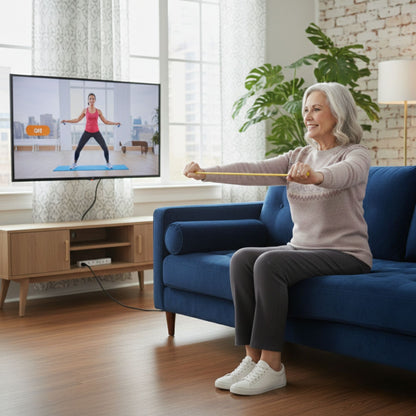 Woman exercising at home using a resistance band with a TV screen displaying an exercise video in the background.