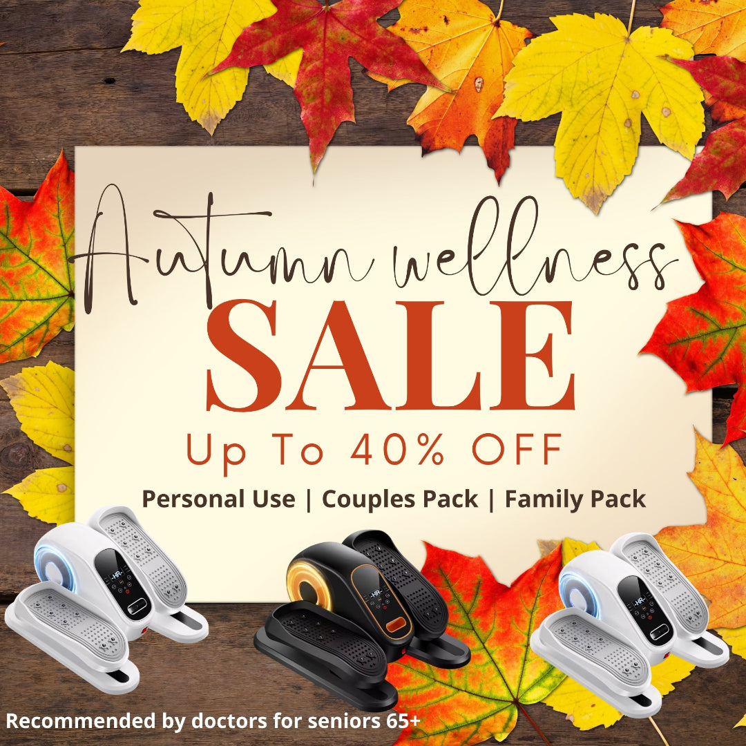 Autumn wellness sale advertisement with fall leaves and wellness devices on a wooden background
