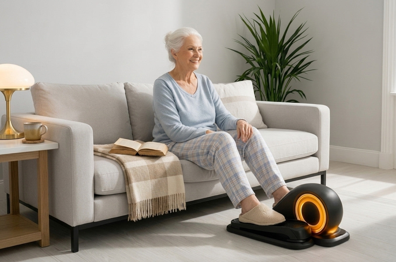 Smiling senior woman using a modern under-desk elliptical trainer while sitting on a sofa in a cozy living room