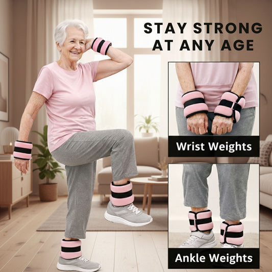 Senior home workout with wrist and ankle weights