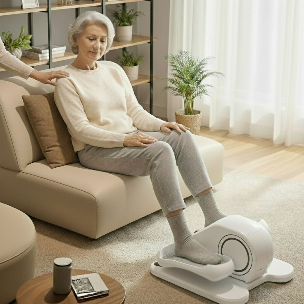 Woman using a mini elliptical in a living room setting