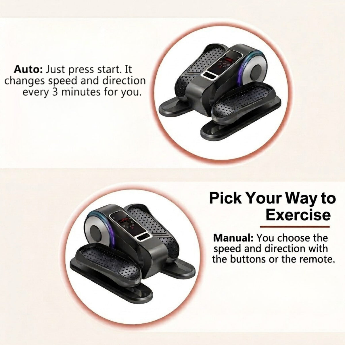 Electric under desk elliptical showing auto and manual exercise modes with remote control settings for customized senior leg training.
