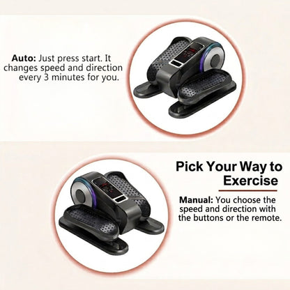 Electric under desk elliptical showing auto and manual exercise modes with remote control settings for customized senior leg training.