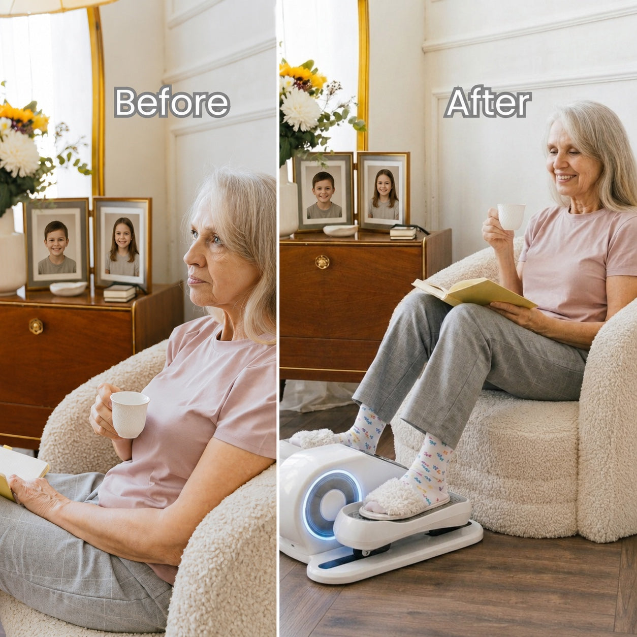 Before and after comparison of a senior woman using the TopGlim under-desk elliptical for better mobility.