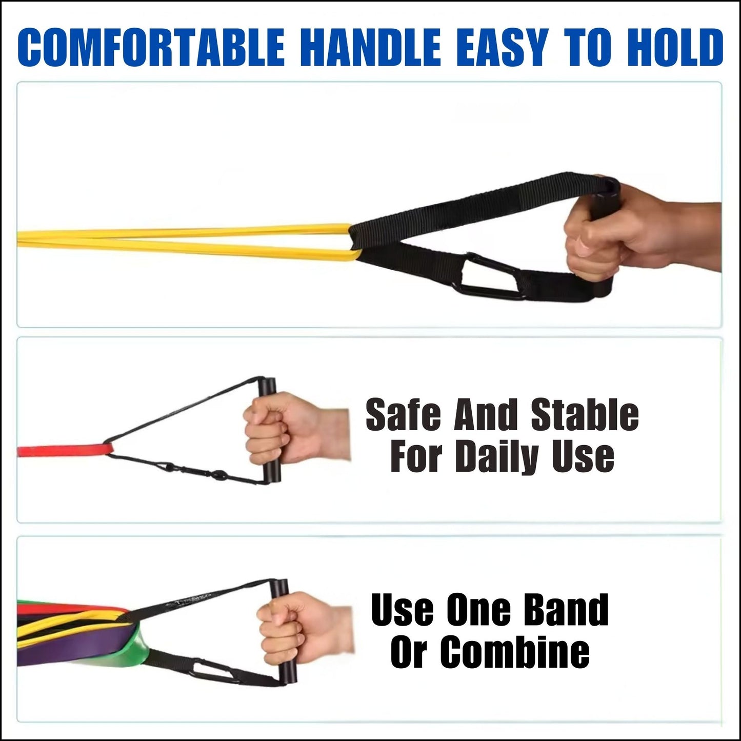 Resistance band with a comfortable handle, safe and stable for daily use, shown with hands holding it.