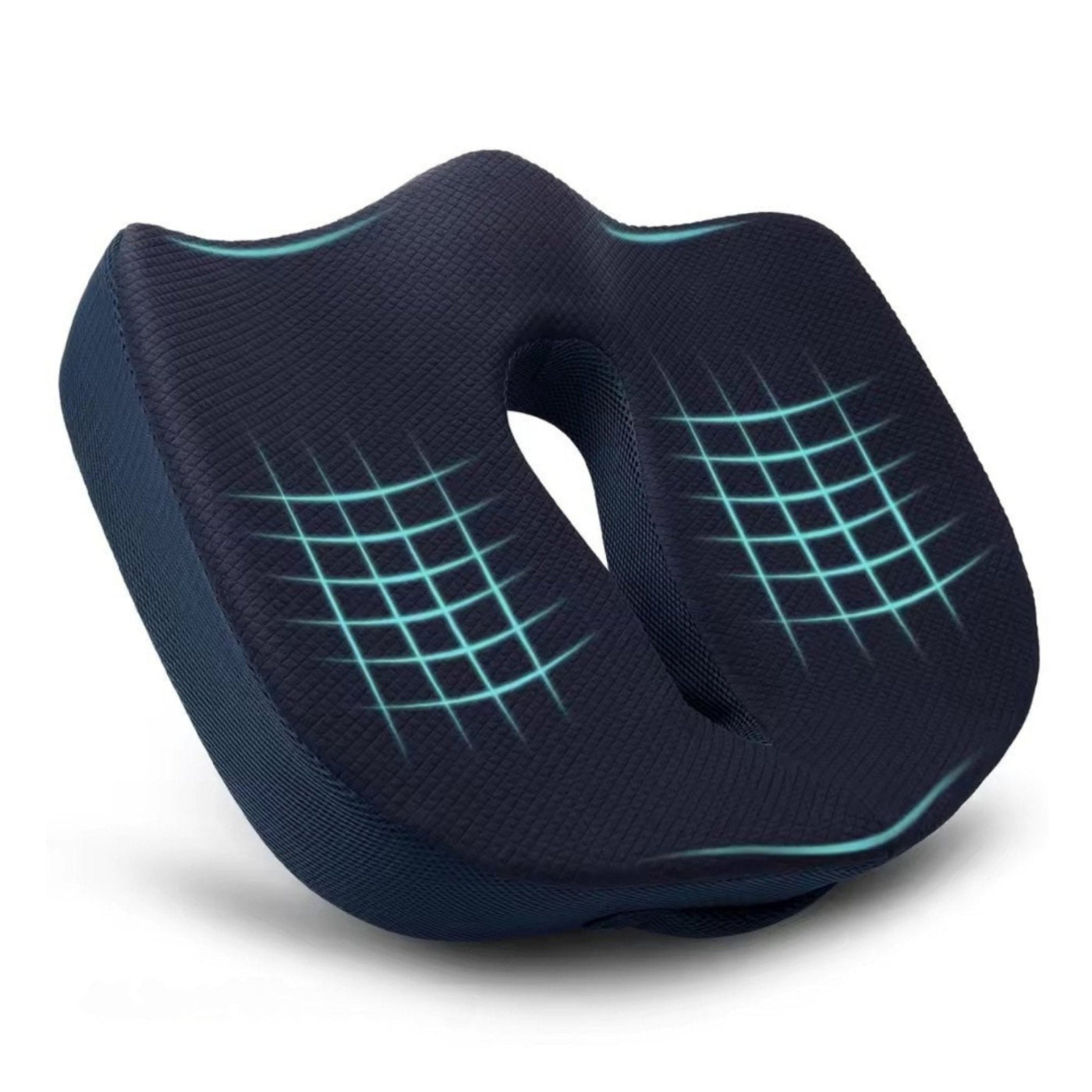 Black neck pillow with grid pattern on a white background