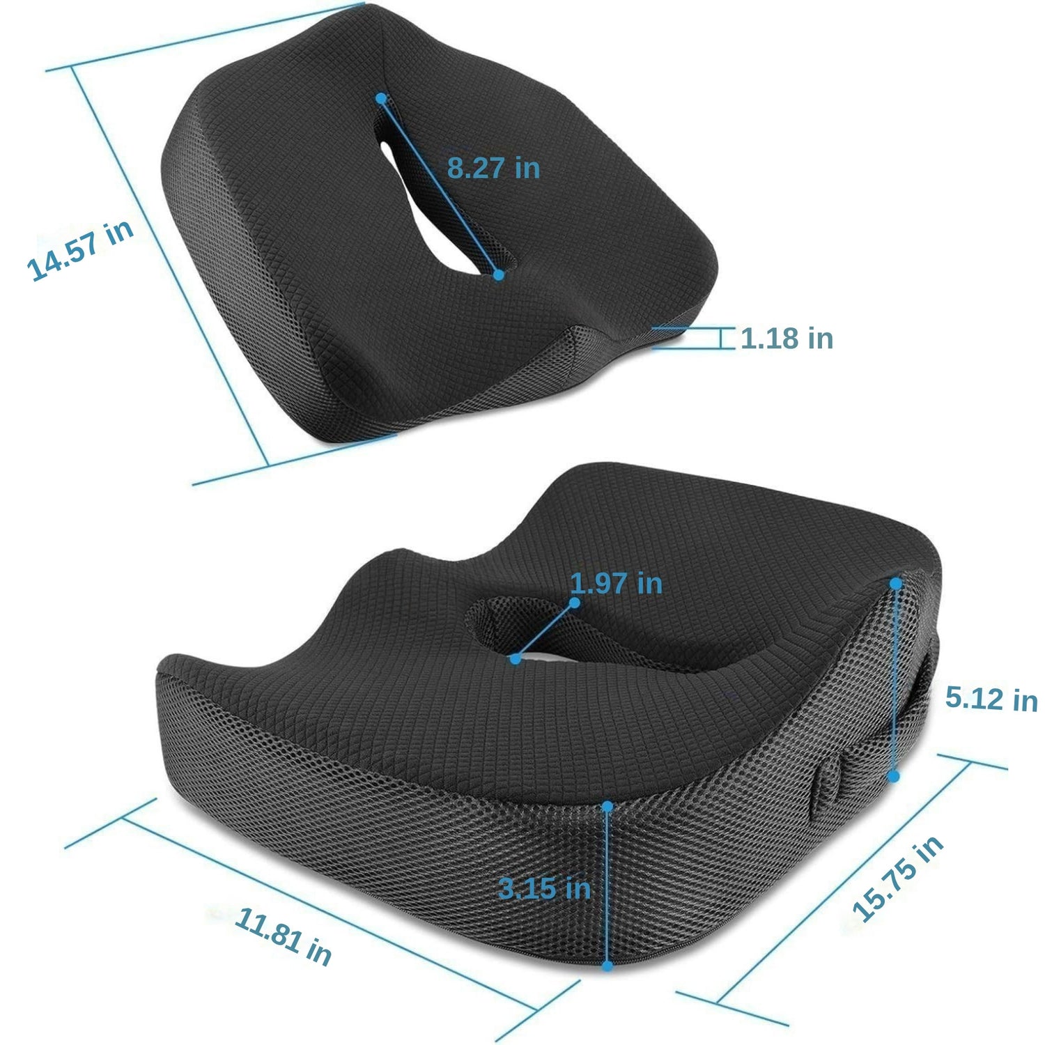 Black ergonomic seat cushion with measurements on a white background