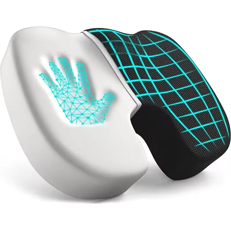 White and black foot care device with blue hand print design on a white background