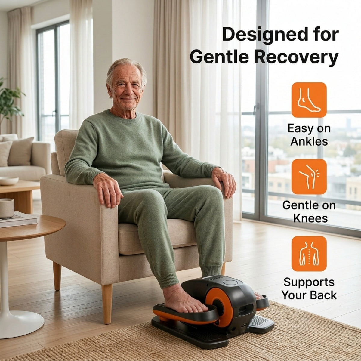 Senior man sitting in an armchair using an under-desk elliptical machine, featuring text overlay Designed for Gentle Recovery with benefits for ankles, knees, and back.
