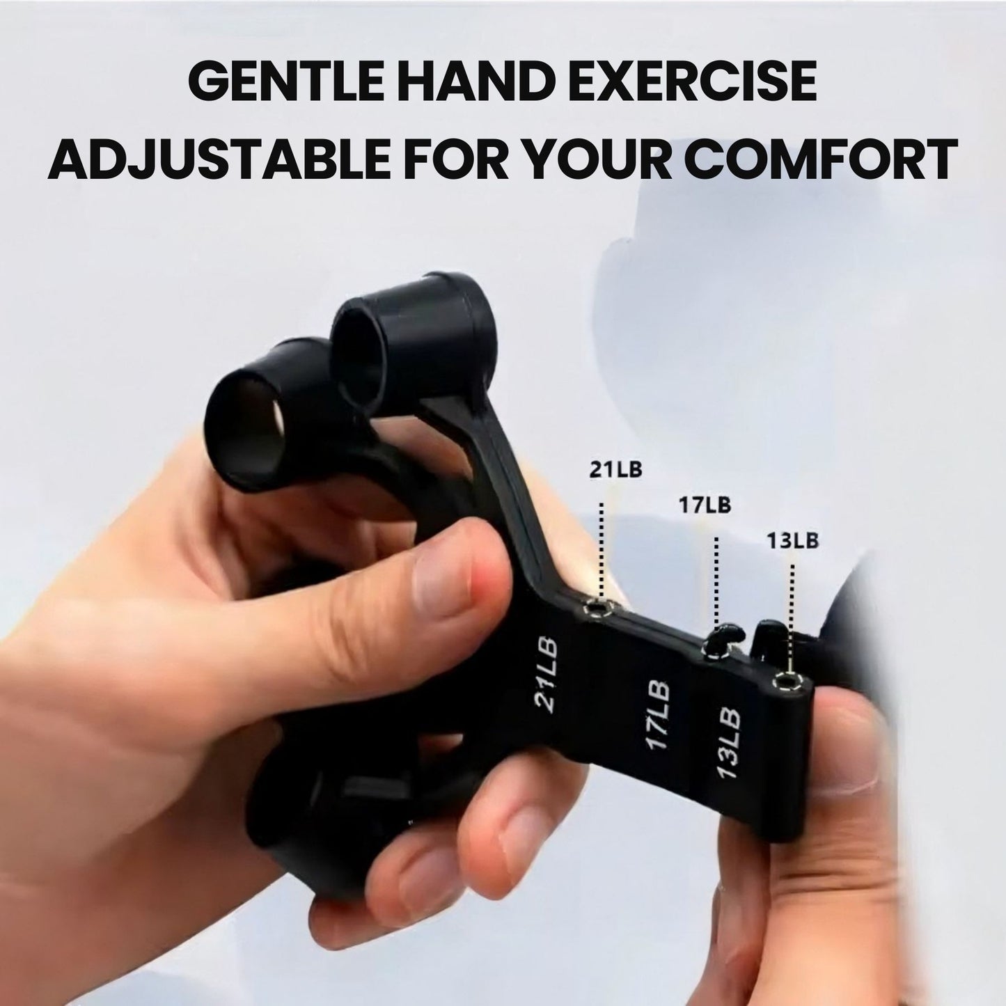 Adjustable hand grip comfort exerciser shown being adjusted for gentle and comfortable daily hand use
