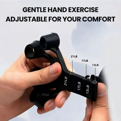 Adjustable hand grip comfort exerciser shown being adjusted for gentle and comfortable daily hand use