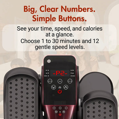 Electric under desk elliptical with big clear display numbers and simple control buttons for seniors to track speed, time, and calories.