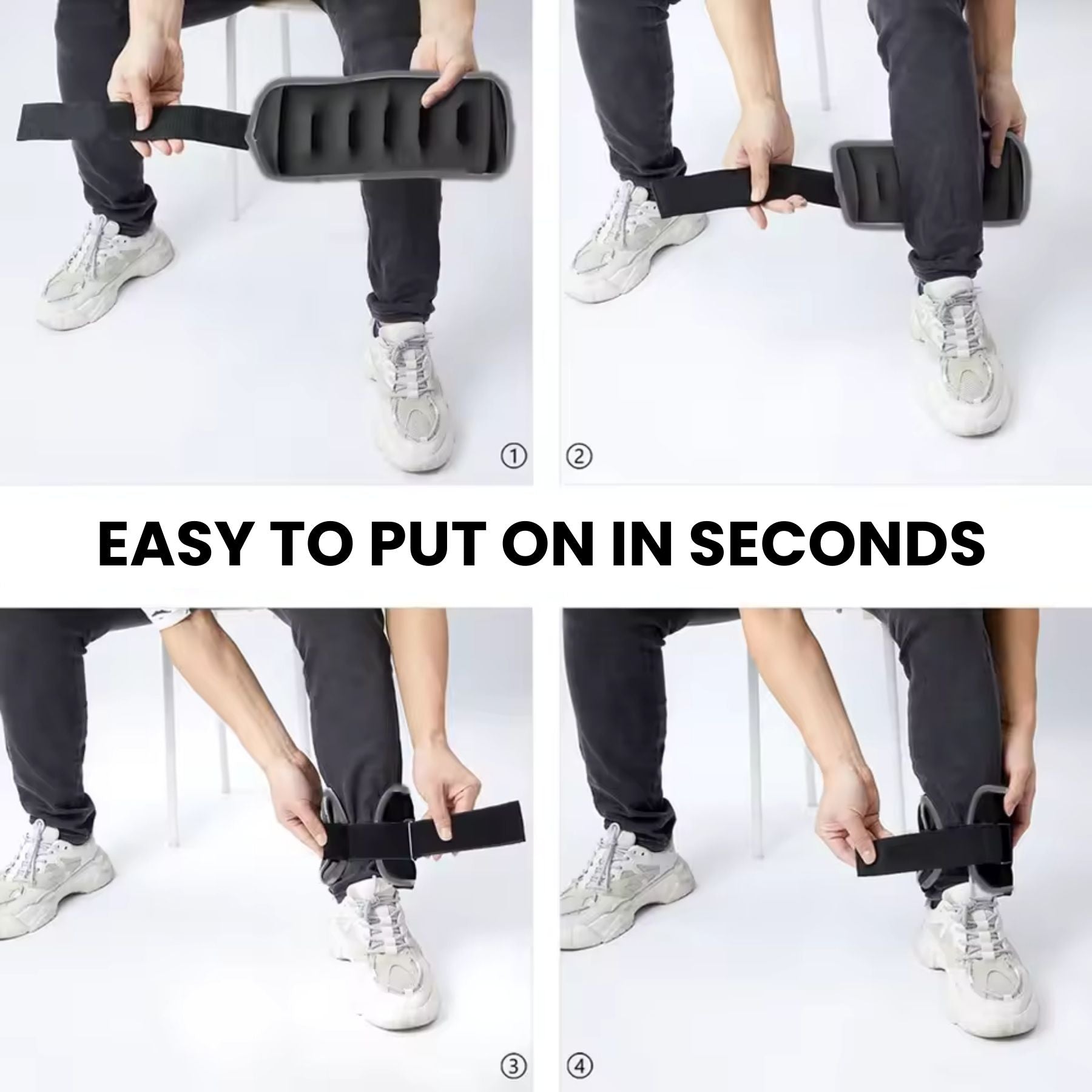 Step by step showing how to easily put on adjustable ankle weights with velcro strap for quick and comfortable home workouts
