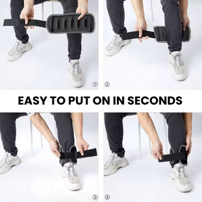 Step by step showing how to easily put on adjustable ankle weights with velcro strap for quick and comfortable home workouts
