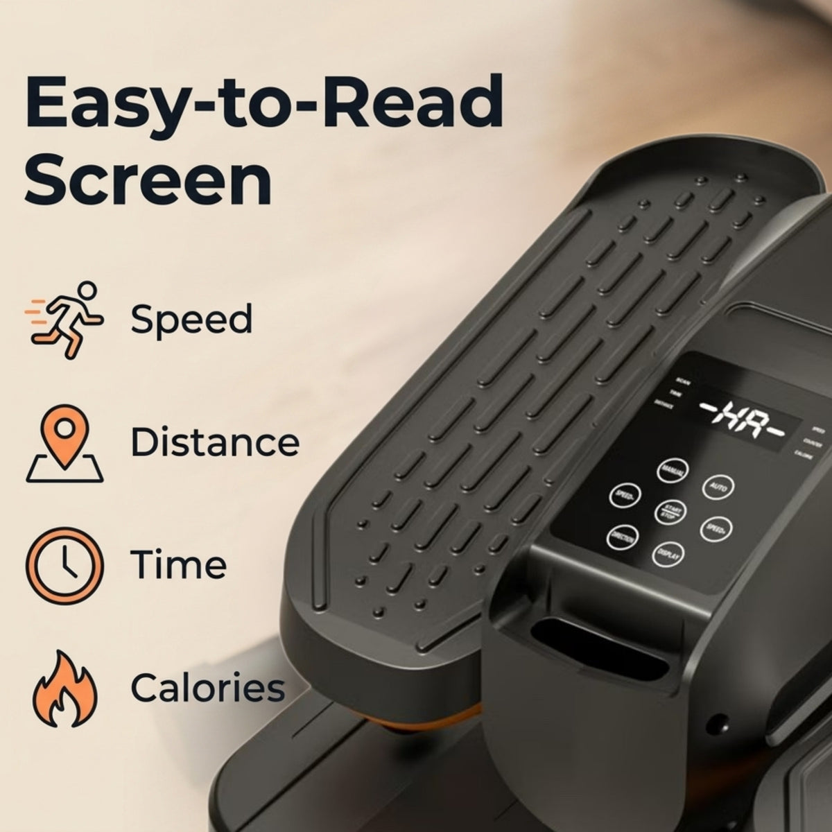 Close-up of an under-desk elliptical machine digital display with text overlay Easy-to-Read Screen tracking speed, distance, time, and calories.⁠