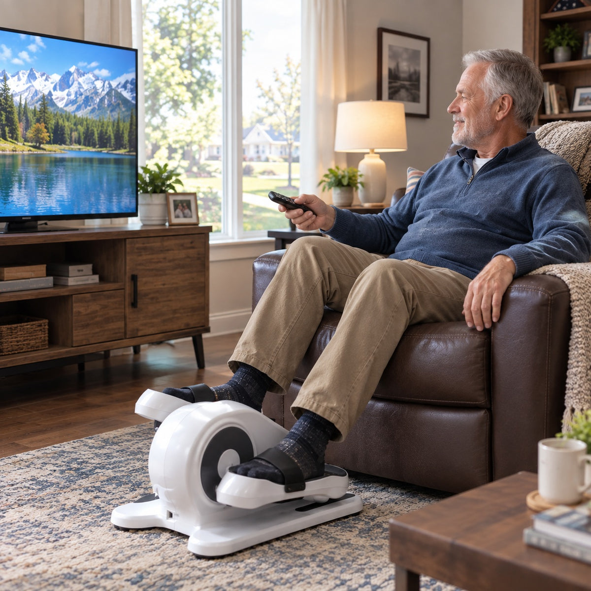 Senior man sitting in an armchair using a white under-desk elliptical exercise machine while watching TV.