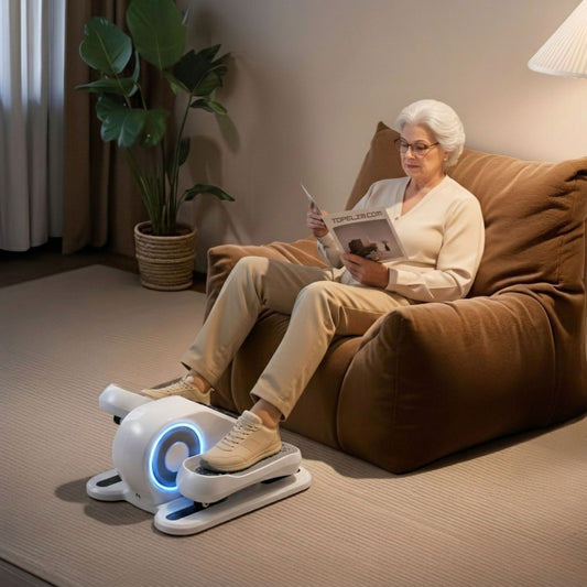 An elderly woman with white hair, wearing glasses, sits comfortably in a brown bean bag chair reading a newspaper while using a white and blue seated under-desk mini elliptical pedal exerciser for gentle low-impact leg circulation and exercise at home.