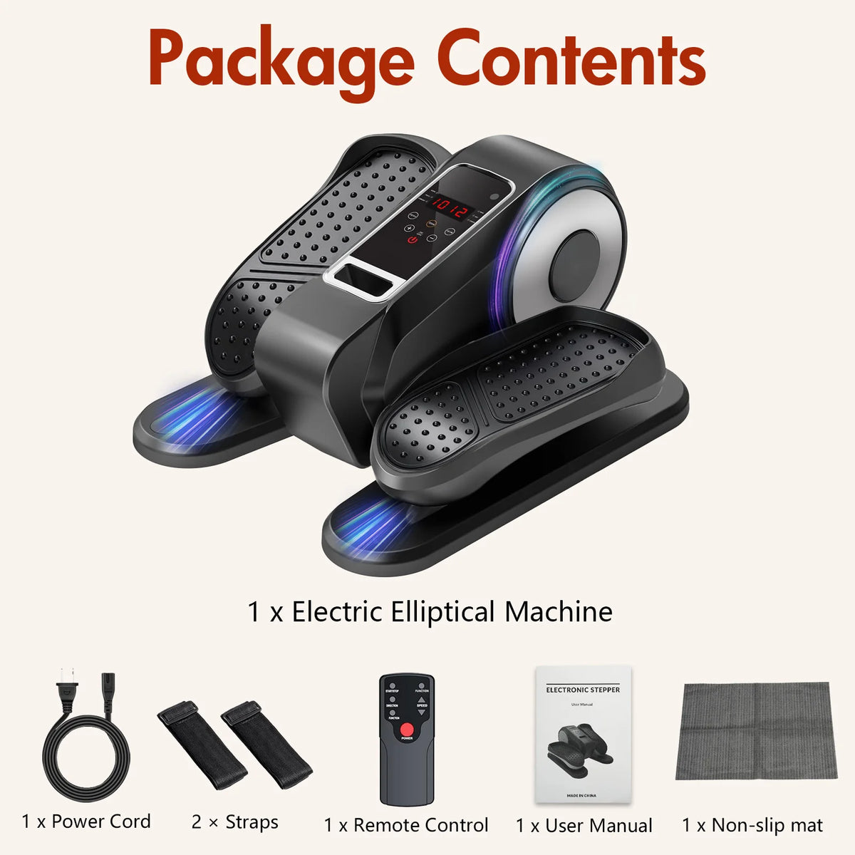 Electric under desk elliptical package contents including machine, remote control, power cord, foot straps, user manual, and non-slip mat.