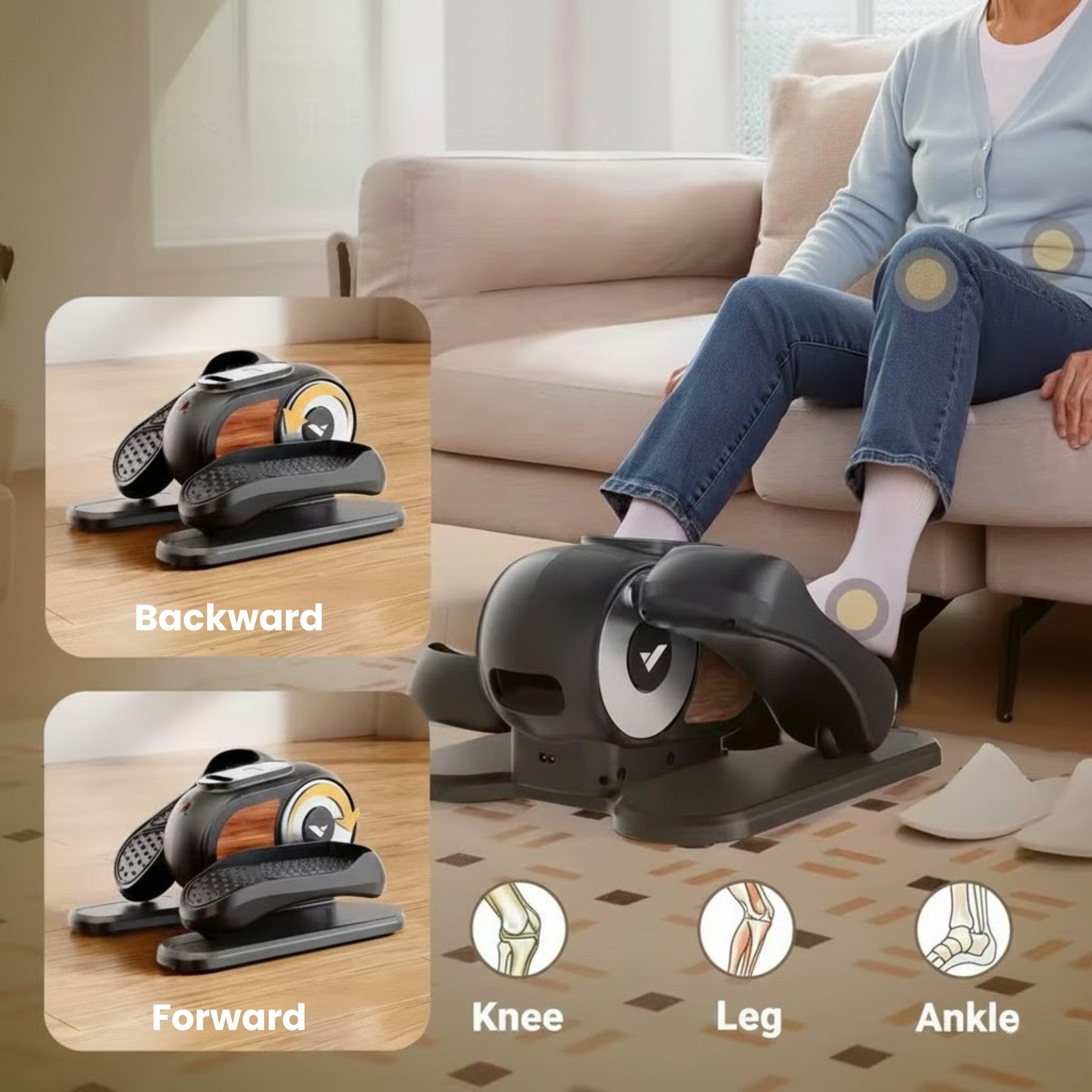 Diagram showing the forward and backward motion of the seated elliptical machine, and which parts of the body are exercised: Knee, Leg, and Ankle. This highlights the gentle, comprehensive movement for senior mobility.