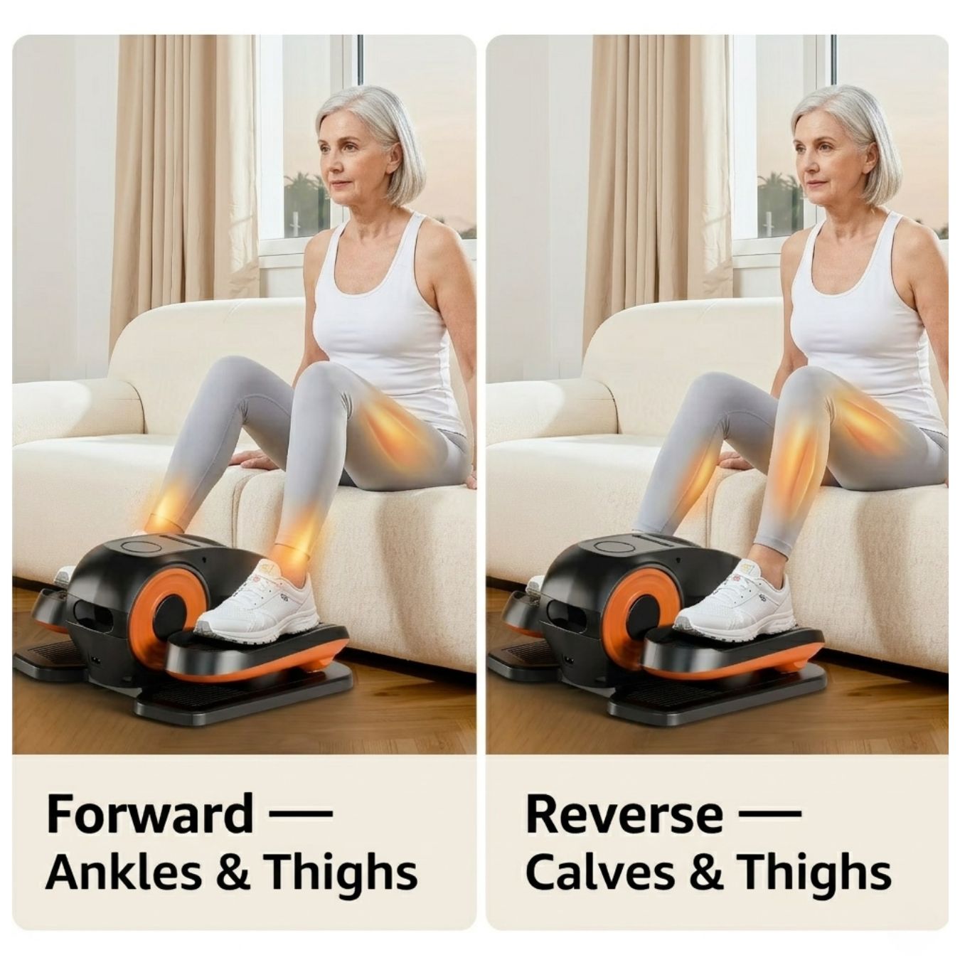Senior woman on sofa demonstrating forward pedaling to stimulate ankle and thigh muscles and reverse pedaling to target thigh and calf muscles on motorized elliptical

