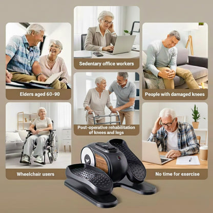 Various scenarios for foot massagers, including elderly people, office workers, and those with knee issues.