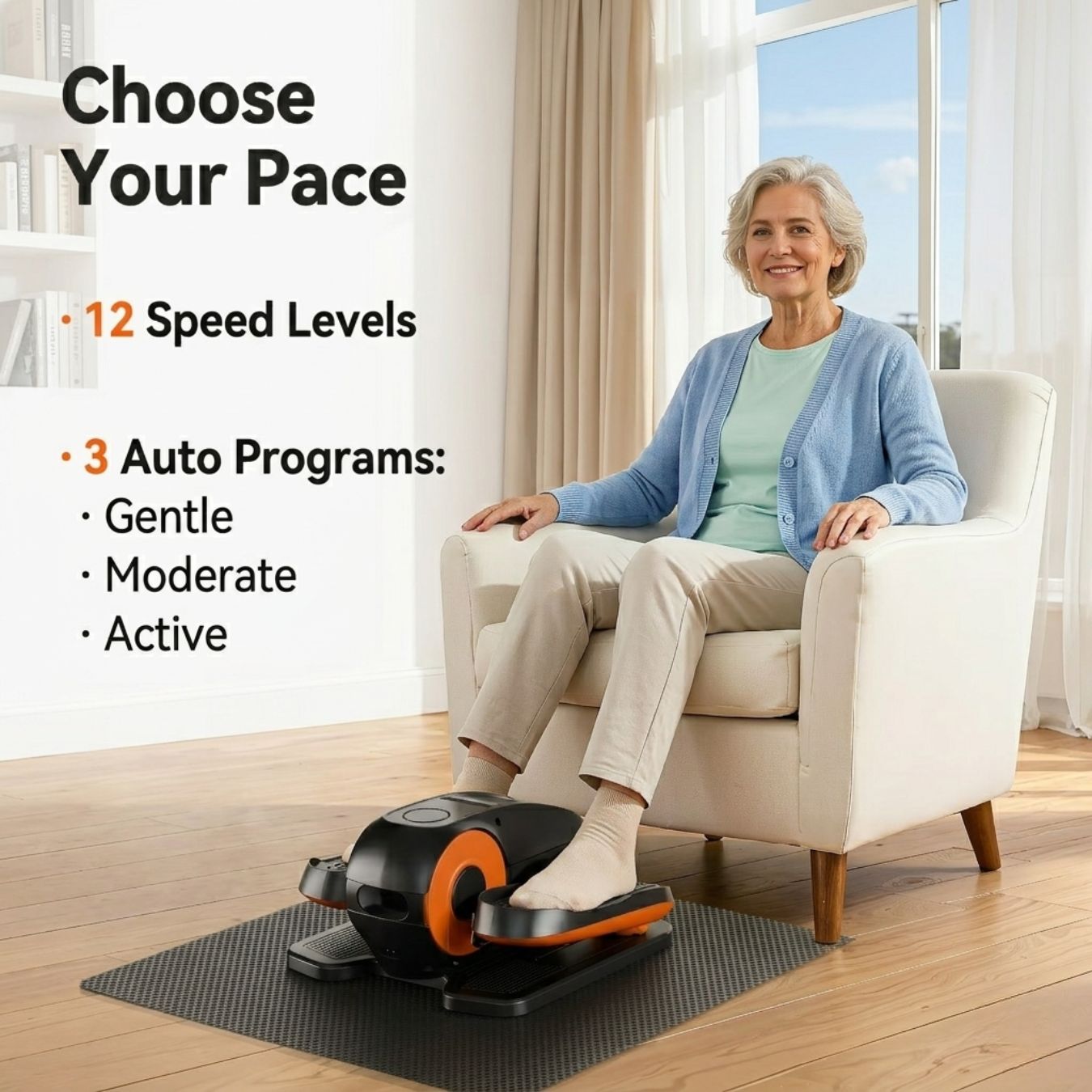 Senior woman using motorized elliptical in manual mode showing 12 speed levels and auto mode with three preset programs for gentle, brisk walk, and sport intensity
Originalus tekstas ant foto → Naujas