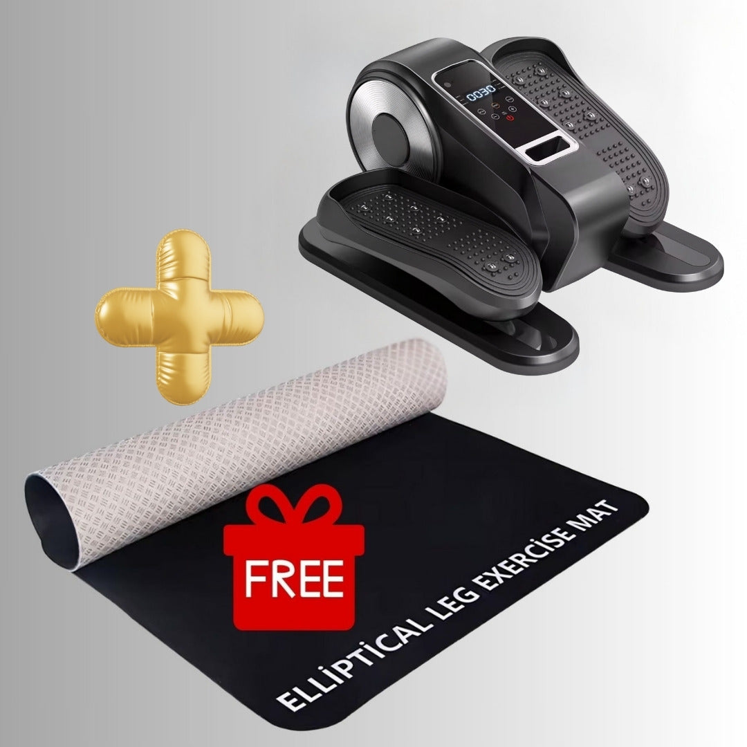 Black elliptical machine with a free elliptical leg exercise mat on a gray background