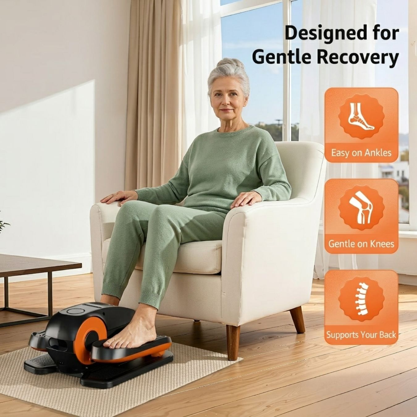 Senior woman in armchair using motorized elliptical for rehab and gentle exercise, with callouts showing benefits for ankle relaxation, spine protection, and knee protection